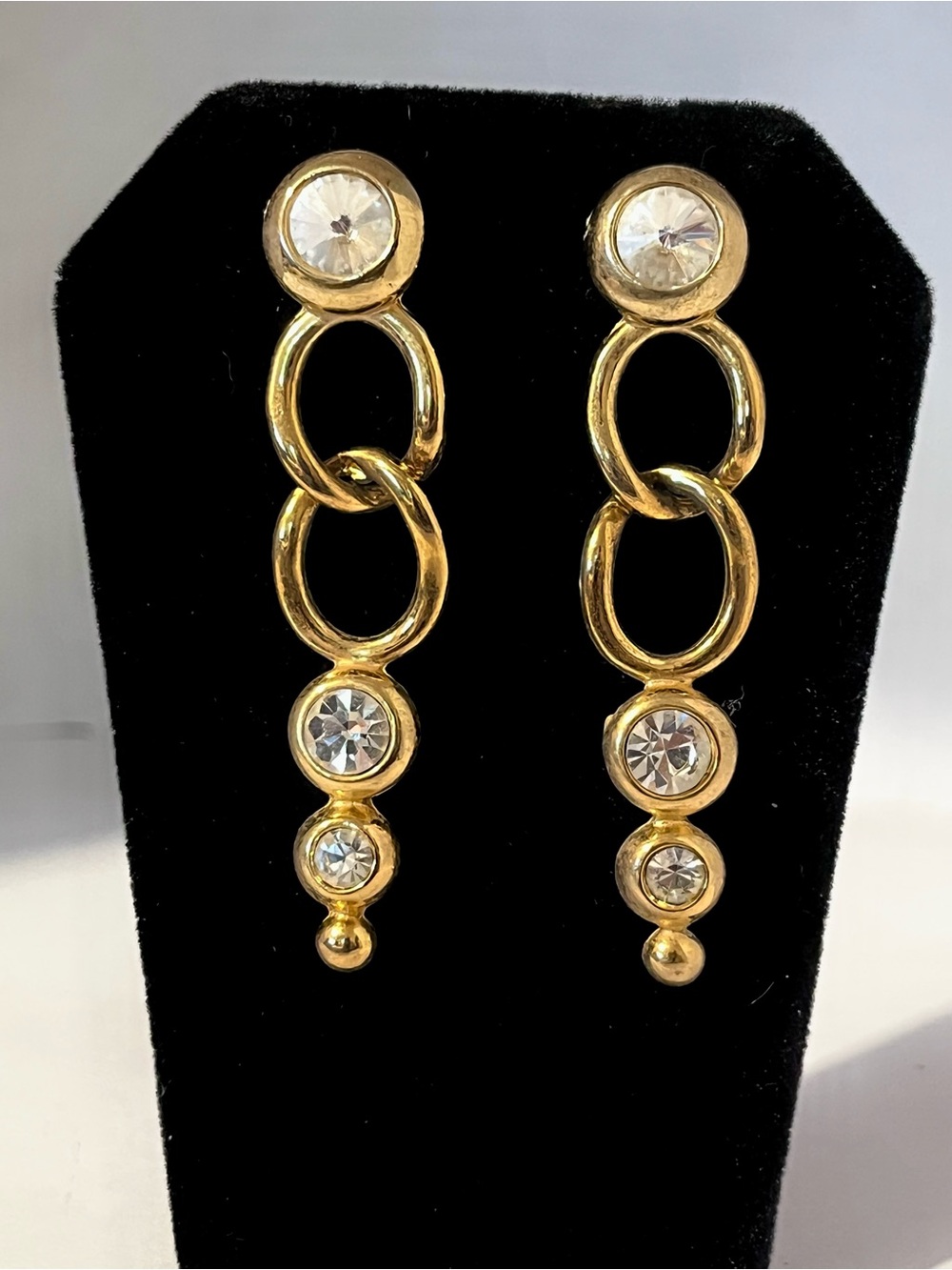 Vintage Large Gold Tone Dangle Earrings with Clear Rhinestones, Formal, Bridal - Picture 2 of 5